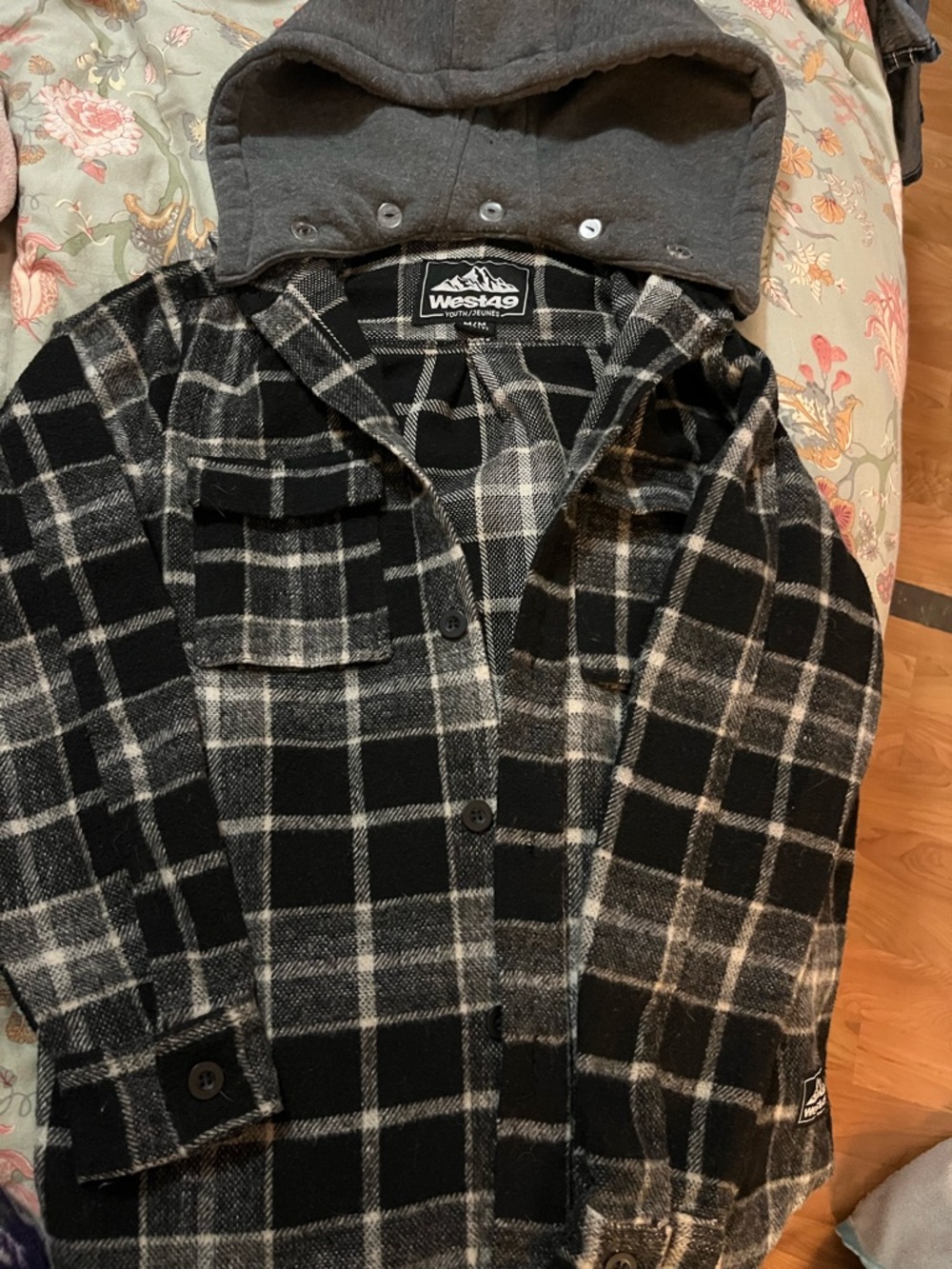 West49 Black & Gray Plaid Hooded Button-Up Shirt Jacket